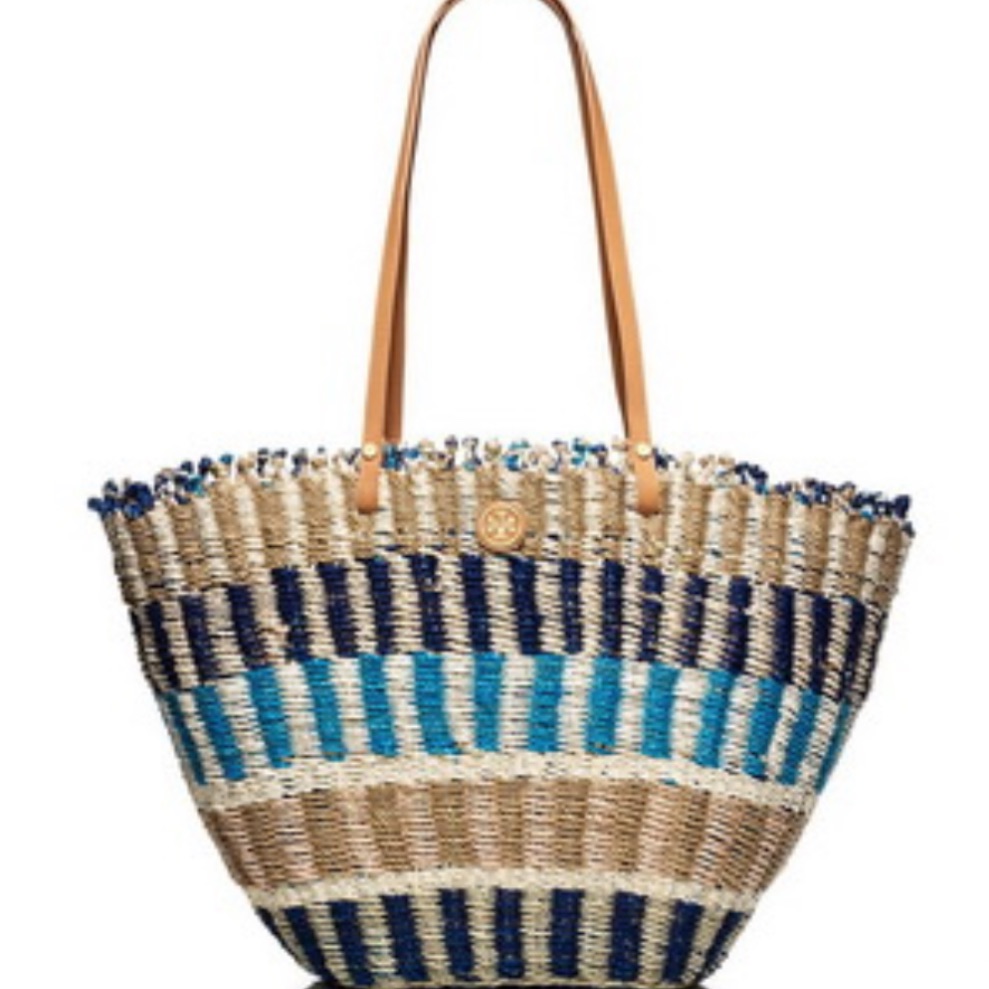 Tory Burch Blue And Cream Striped Tote